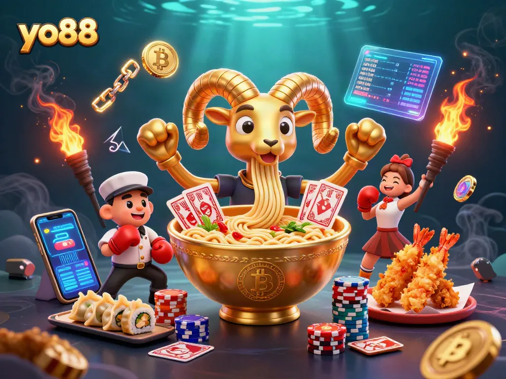 Engage in thrilling play with yo88's vibrant casino characters, featuring a golden ramen bowl and crypto coins.