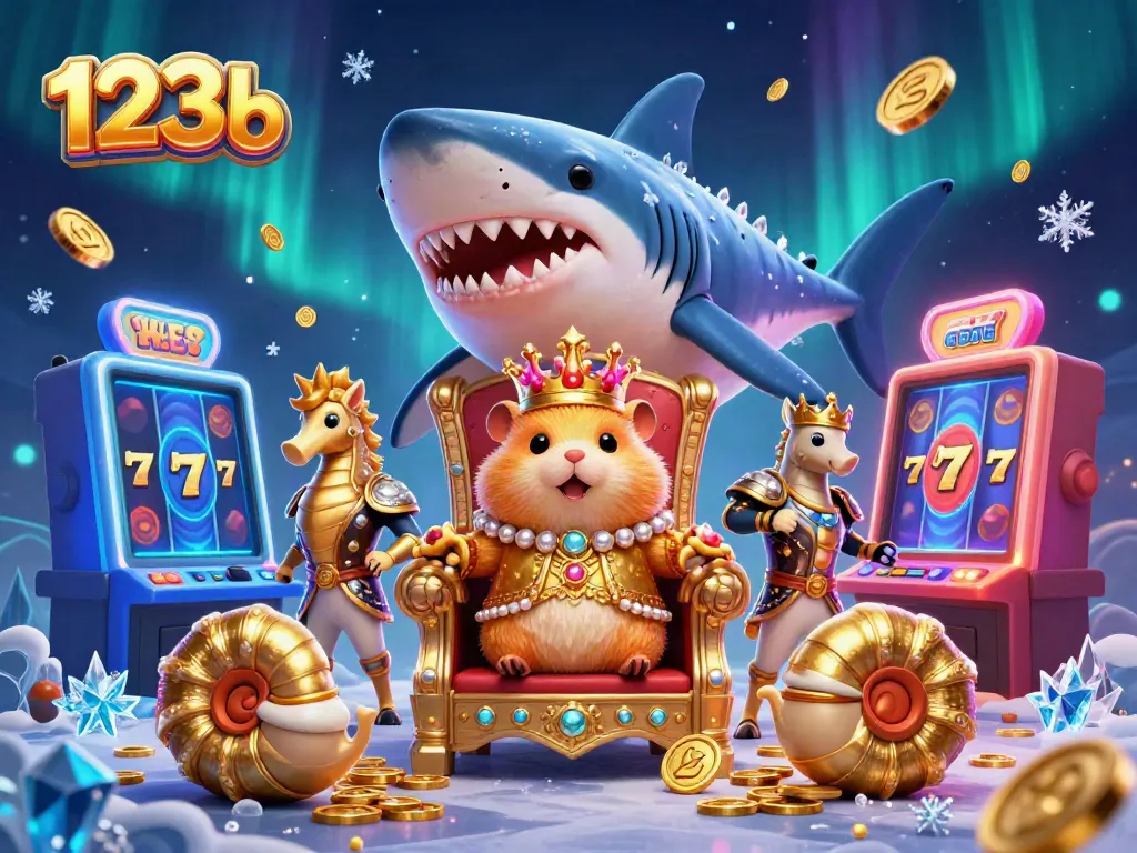 Engage in thrilling 123b gaming with a golden hamster king on a megalodon shark tooth throne amidst vibrant casino elements.