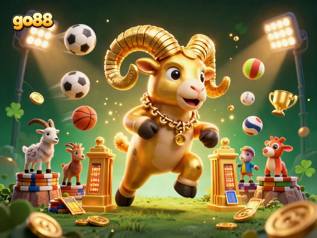 Engaging scene depicting the go88 character charging with gold elements, dynamic sports balls, and vibrant casino features.