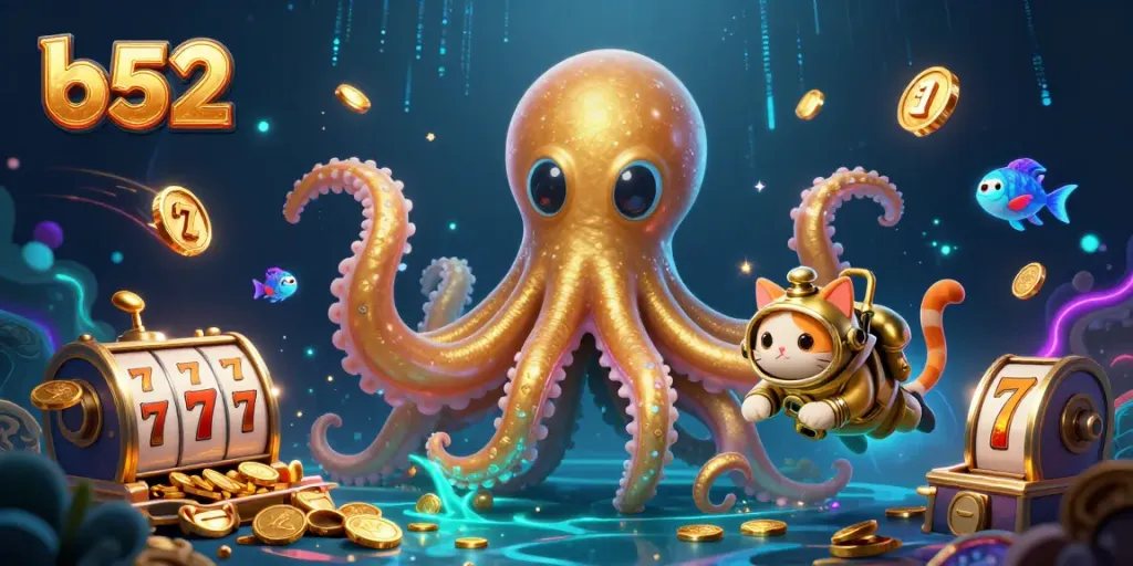 B52 gamers engage with a colossal kraken, vintage diving cat, and slot reels in a vibrant casino scene.