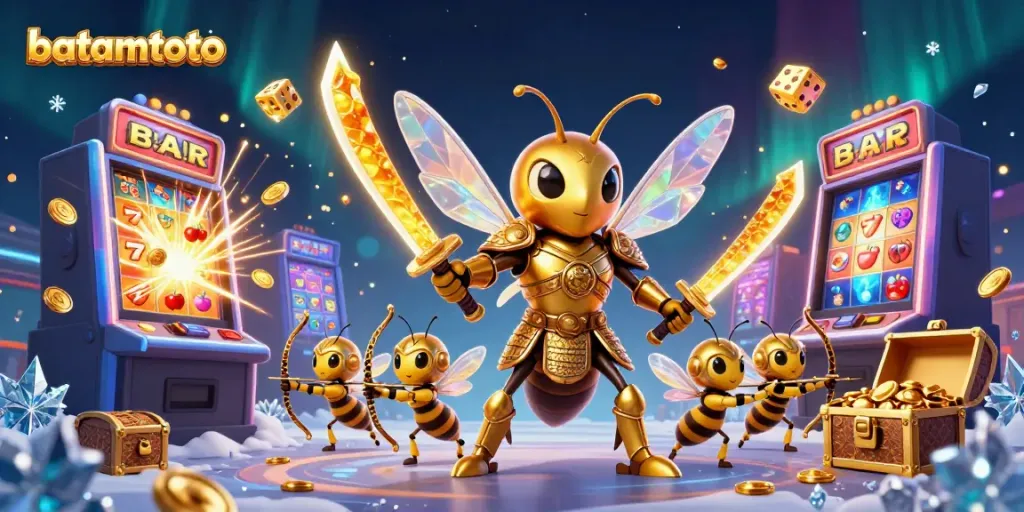 Experience the excitement of batamtoto with a vibrant casino-themed 3D illustration showcasing dynamic characters and elements.