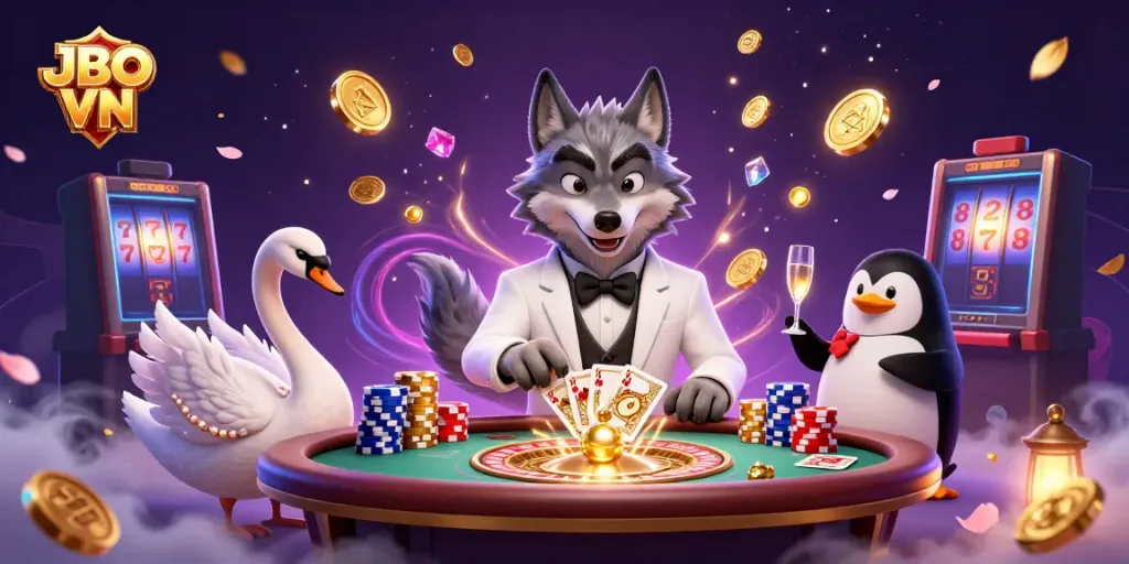 Engaging illustration showcasing JBO VN with a debonair wolf, elegant swan, and sophisticated penguin in a vibrant casino scene.