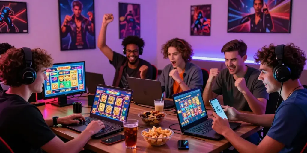 Lumbung88 online gaming friends celebrating a big win in a vibrant atmosphere with laptops.