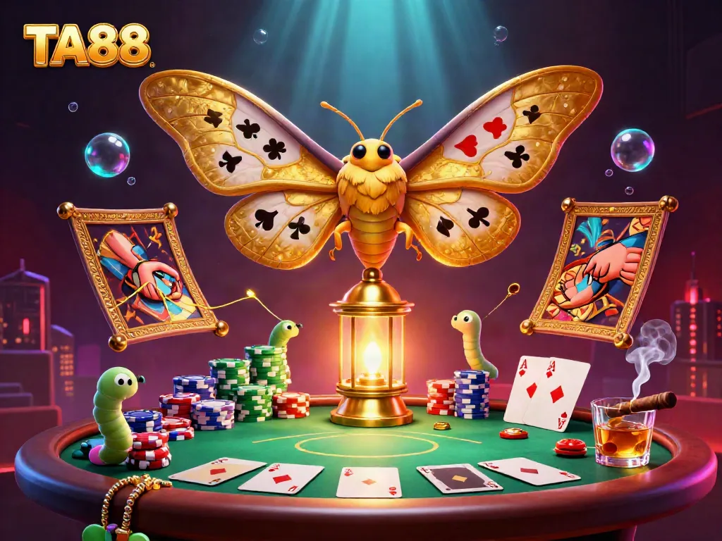 Experience the thrill of TA88 with an enchanting 3D casino scene featuring a golden moth and poker elements.