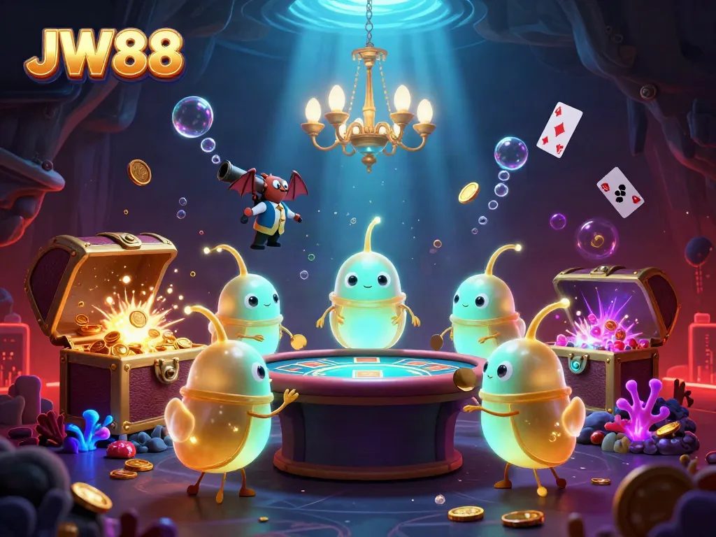 JW88 casino scene with glowworms and bat dealer illuminating a vibrant underwater casino