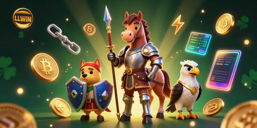 Engage with LLWIN, the leading online gaming platform featuring a medieval knight, vibrant crypto elements, and sparkling details.