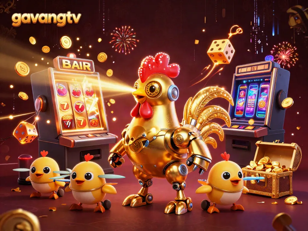 Experience excitement with gavangtv's golden rooster robot and baby chick drones in a vibrant casino scene.