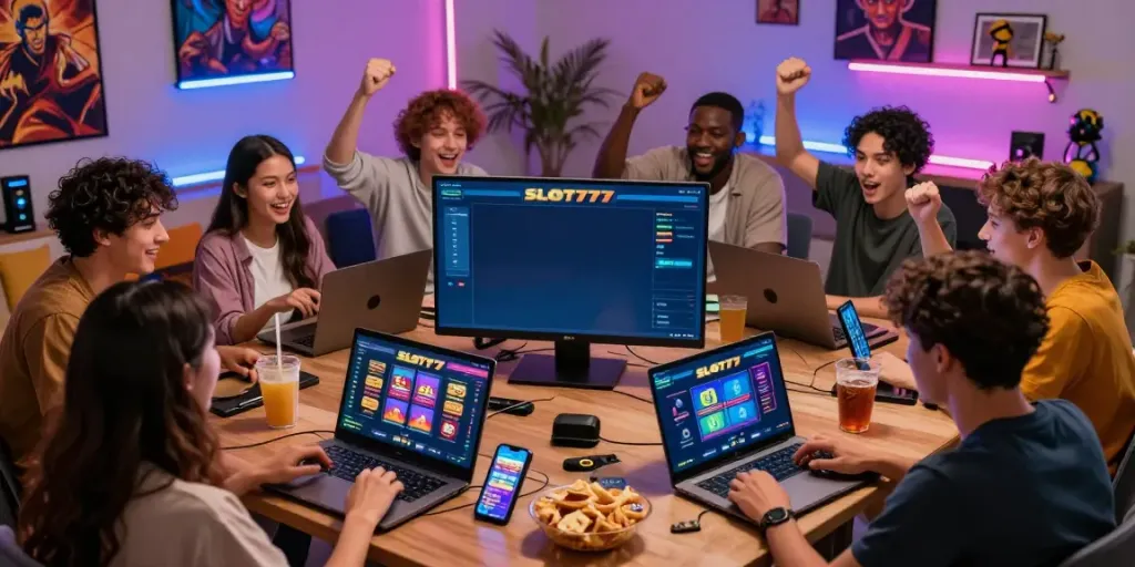 Friends enjoying the thrill of slot777 online gaming in a lively living room.