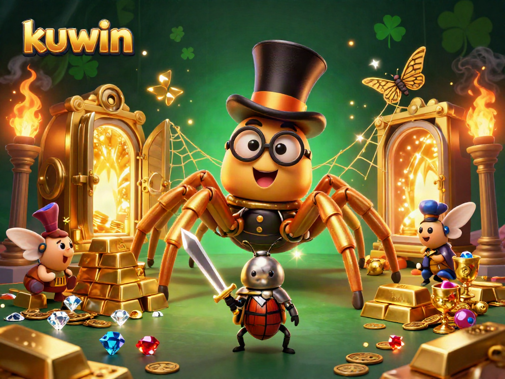 kuwin delivers an exciting scene with a golden tarantula, beetle knight, and gems in a dynamic casino setting.