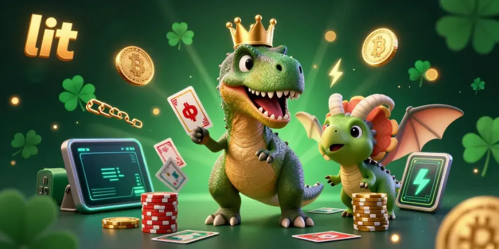 Engage with the vibrant world of lit casino gaming featuring a charming T-Rex and crypto elements.