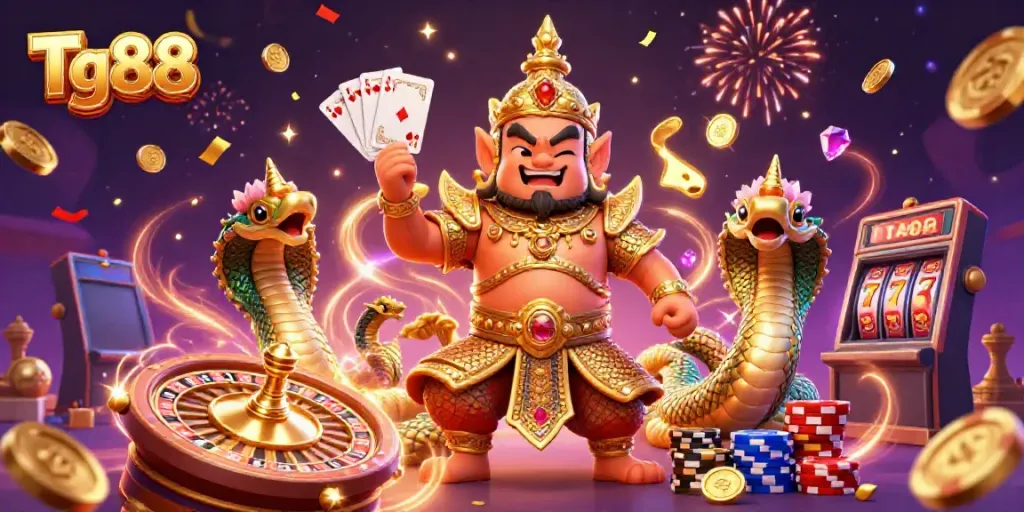 Experience thrilling gaming at Tg88, with vibrant characters and dynamic casino elements in a colorful scene.