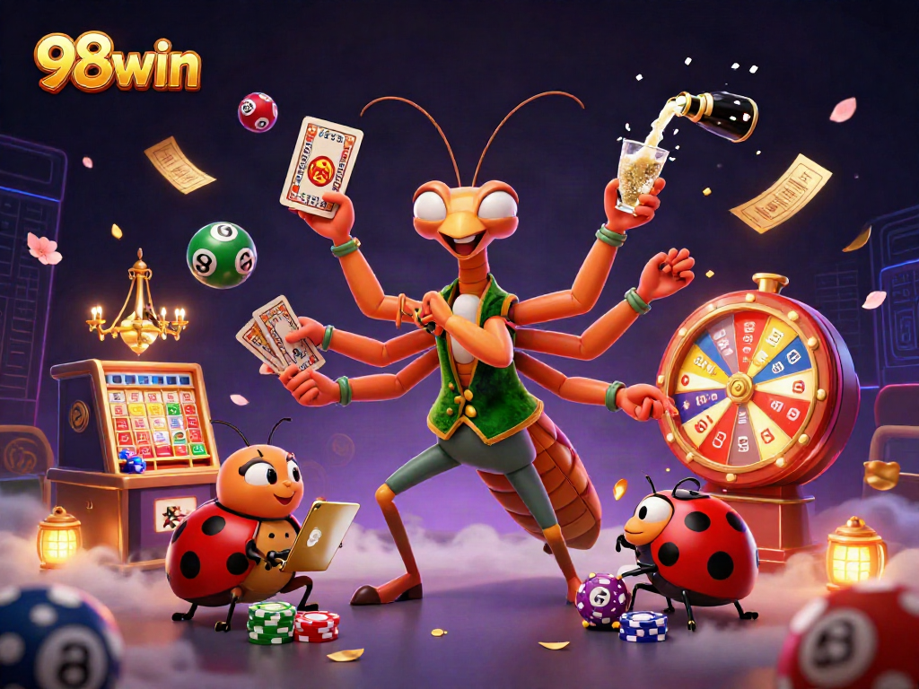 Engage winning strategies at 98win with a vibrant scene showcasing animated characters in a casino environment.