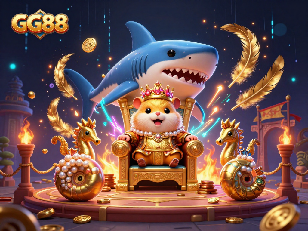 Engage with GG88 as a fierce golden hamster king leads a dynamic casino battle scene.