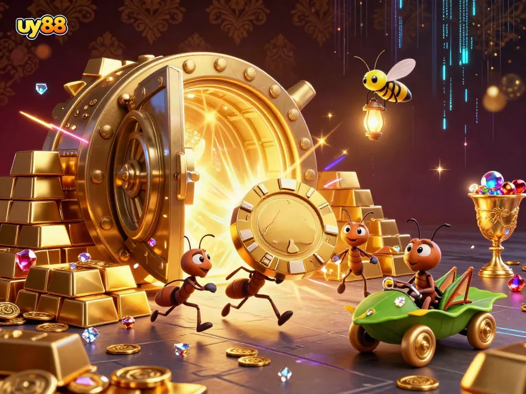 Engaging ants capture a giant golden poker chip in uy88’s vibrant casino adventure.