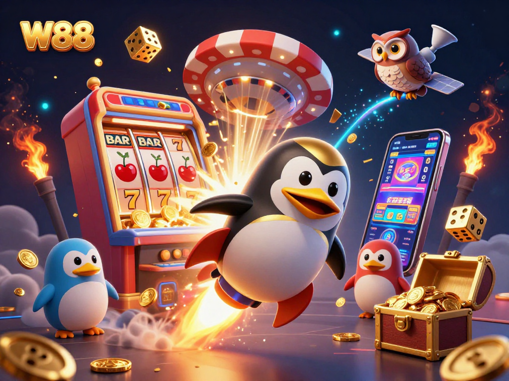 W88 features a stunning 3D illustration of a golden penguin soaring past a casino-shaped poker chip.
