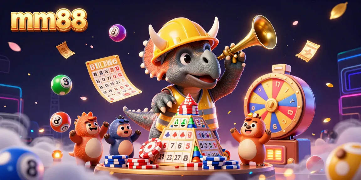 Cheerful 3D characters celebrating with mm88-themed casino games, filled with vibrant elements and lottery excitement.