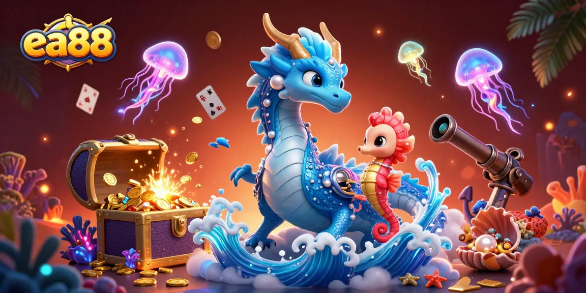 ea88 players immerse in vibrant underwater treasures and gaming excitement with dragons and mystical creatures.