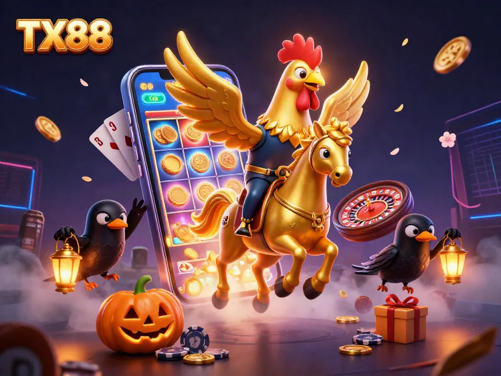 Experience thrilling gameplay at TX88 with a vibrant casino scene featuring colorful slots and dynamic characters.