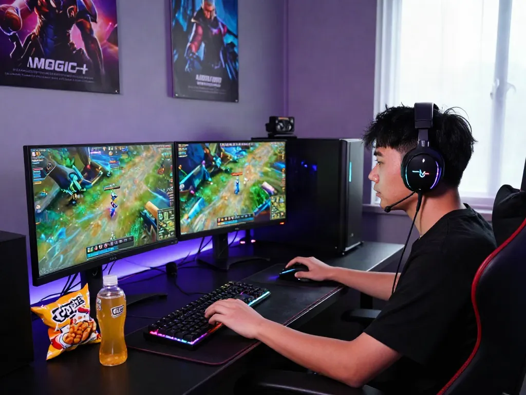 Exciting e-commerce gaming setup showcasing warung168's vibrant gaming experience with dual monitors and gaming peripherals.