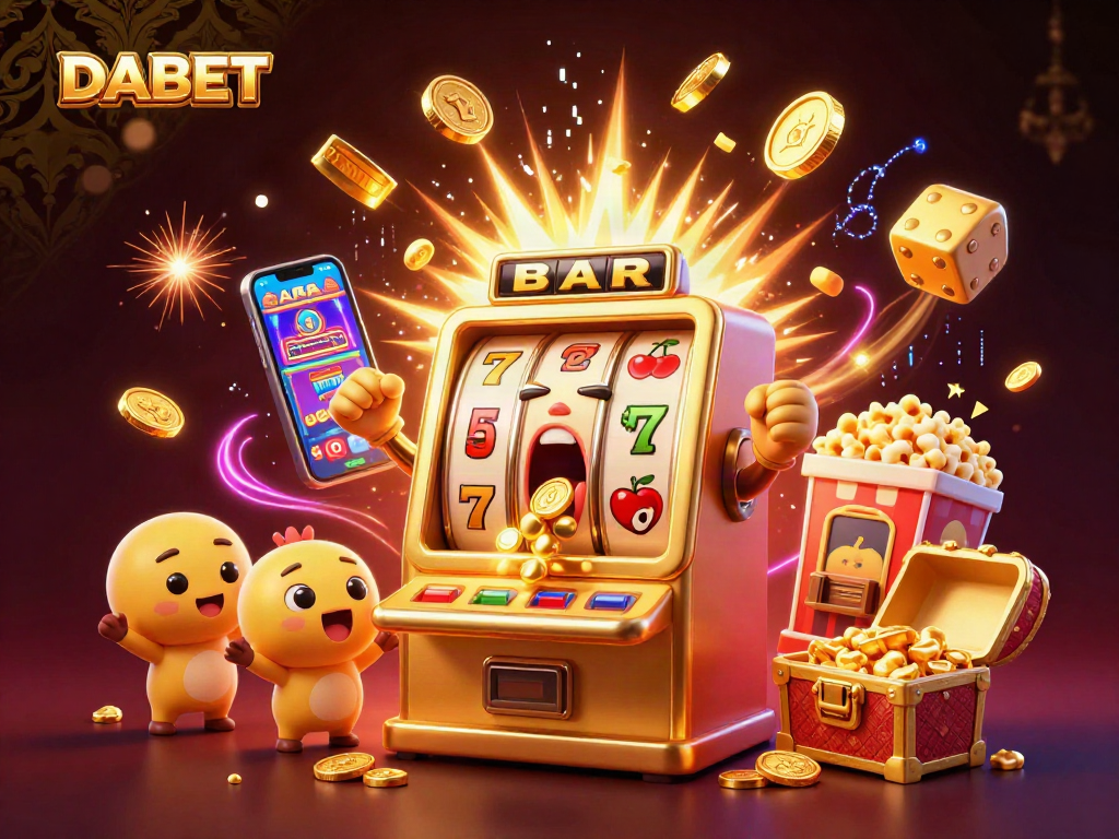 DABET's animated golden slot machine celebrates its jackpot amid glimmering coins and cheering companions.