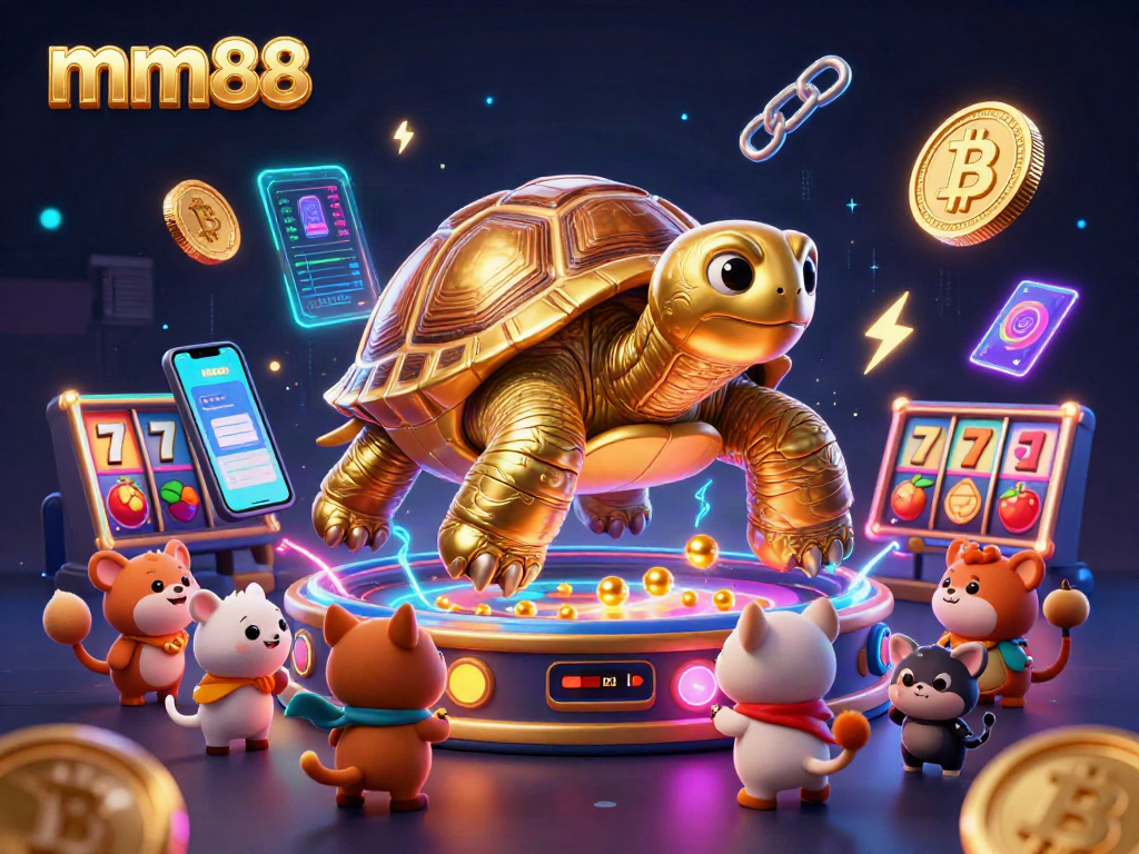 Engage with mm88 in a vibrant casino scene featuring a golden tortoise pinball machine