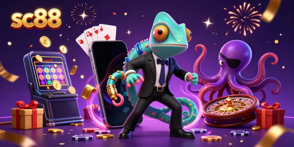 Experience thrilling gameplay at sc88 with a chameleon secret agent, a gadget-savvy gecko, and an octopus in a vibrant casino.
