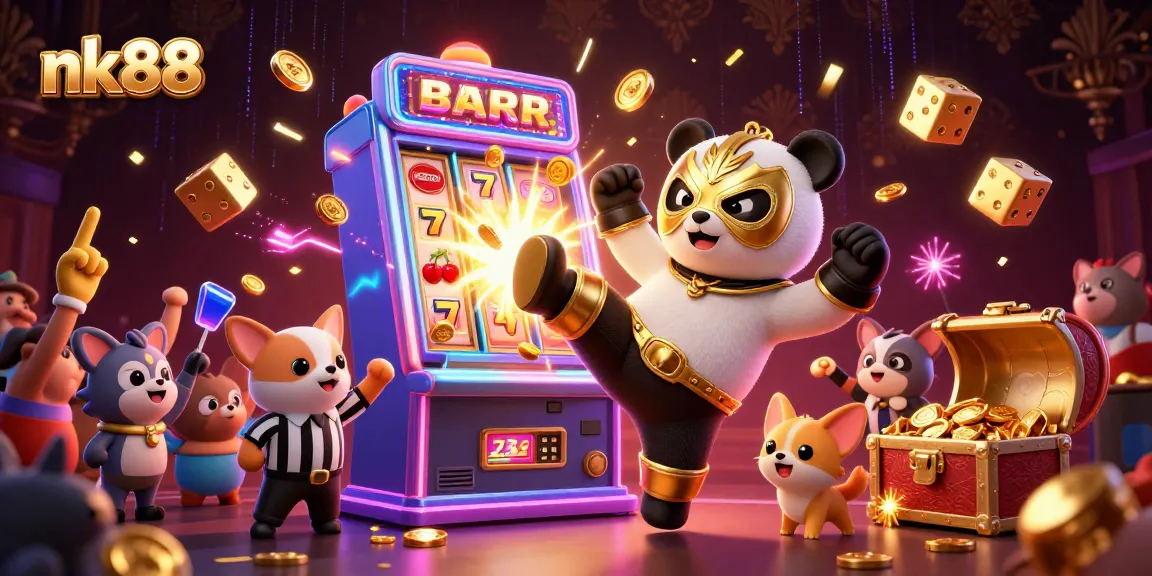 nk88 celebrates excitement with a dynamic casino scene featuring a panda wrestler and vibrant slot symbols.