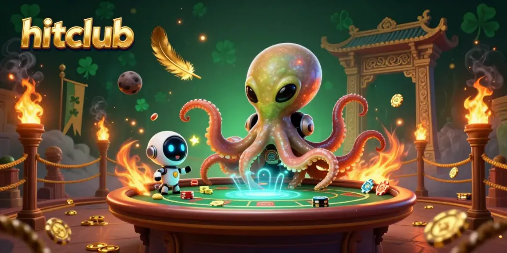Experience hitclub's vibrant casino ambiance with an alien octopus dealing poker in a dazzling 3D scene.
