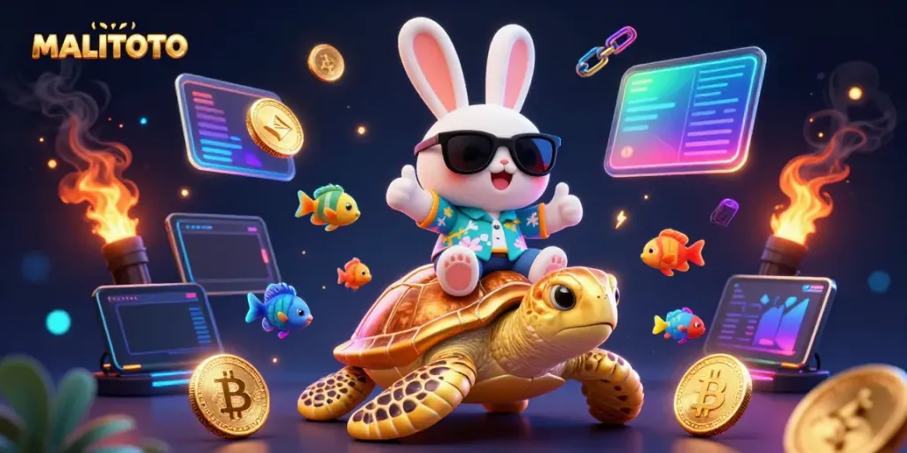Experience thrilling wins at MALITOTO with a playful rabbit and golden turtle surrounded by crypto coins.