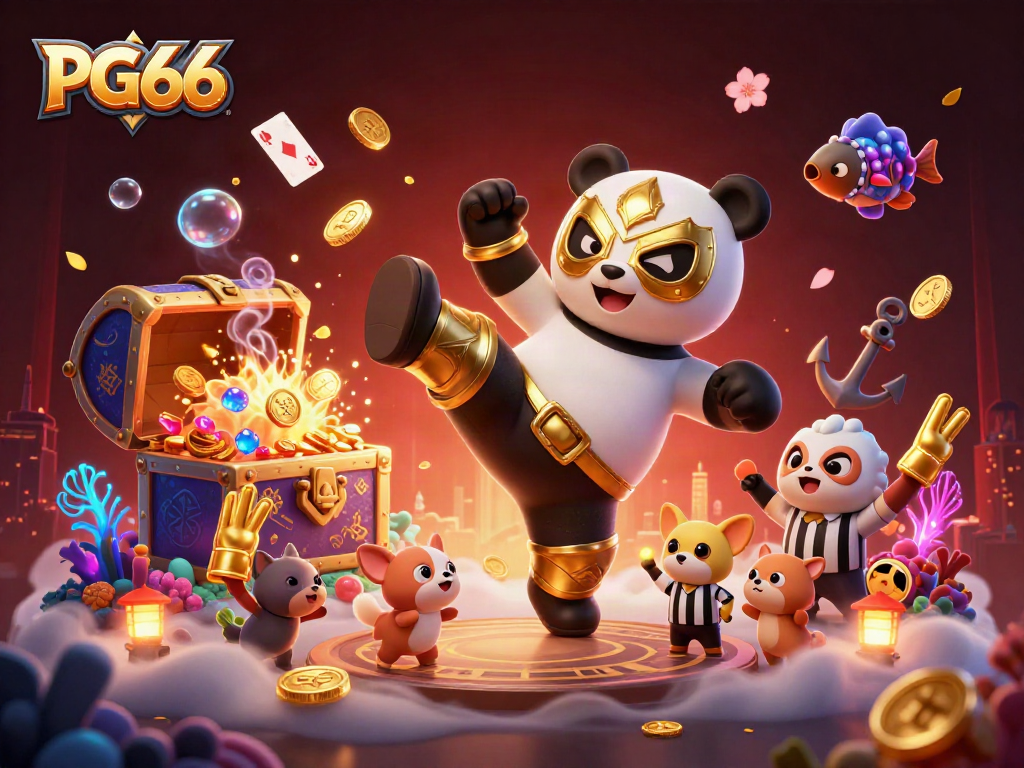 Experience PG66 excitement with panda wrestler and animal fans in a vibrant casino scene.