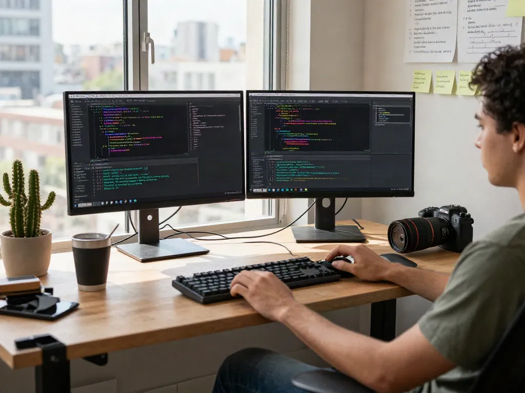 Person coding in a tech workspace, showcasing pecah404 problem-solving solutions on dual monitors.