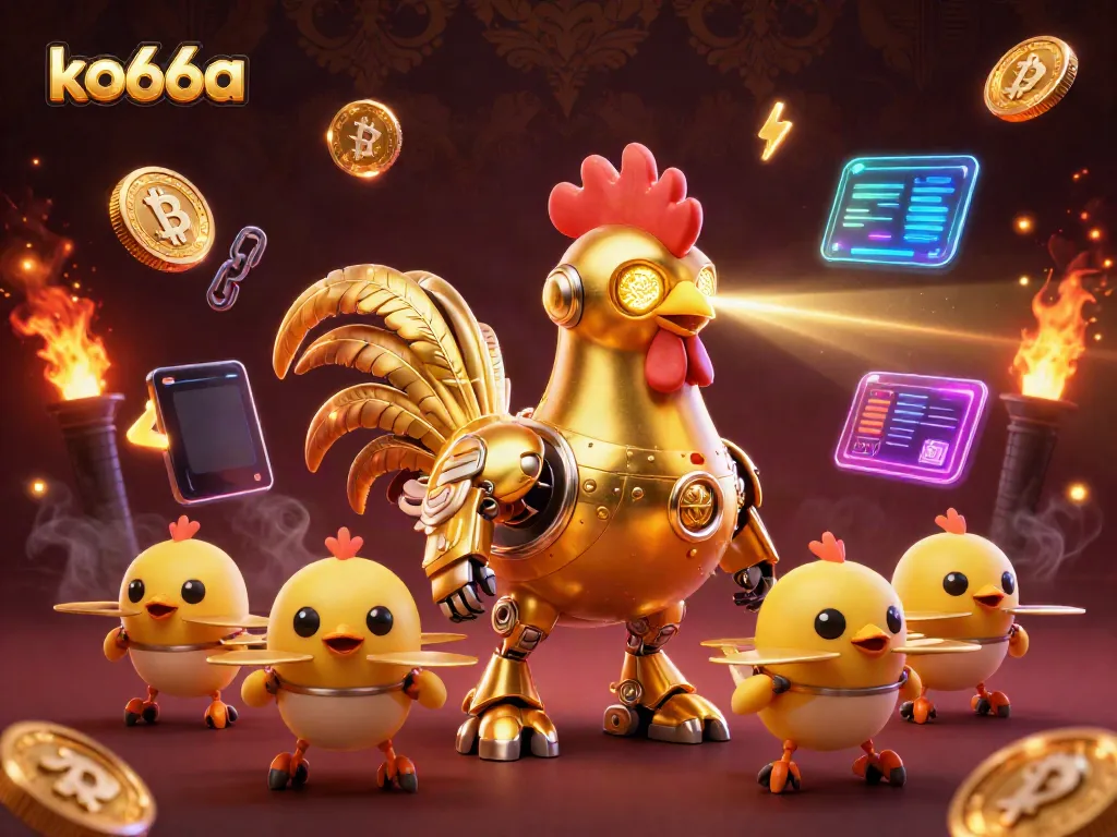 Experience the thrilling ko66a gaming adventure with a golden rooster robot and cryptocurrency elements.