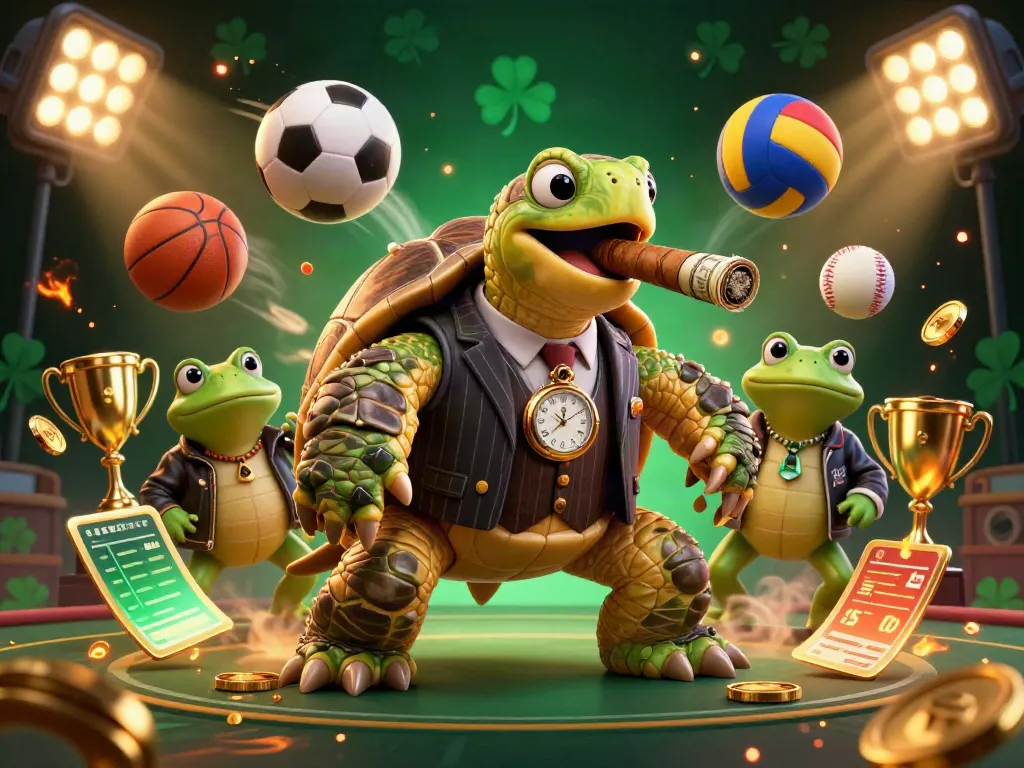 Experience thrilling betting action with 8KBET's dynamic casino scene featuring a cartoon turtle and sports elements.