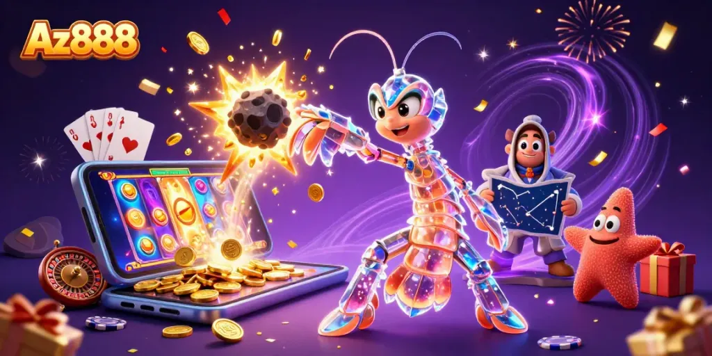 Az888 showcases a galactic samurai mantis shrimp conquering an asteroid, revealing treasures amidst casino elements.