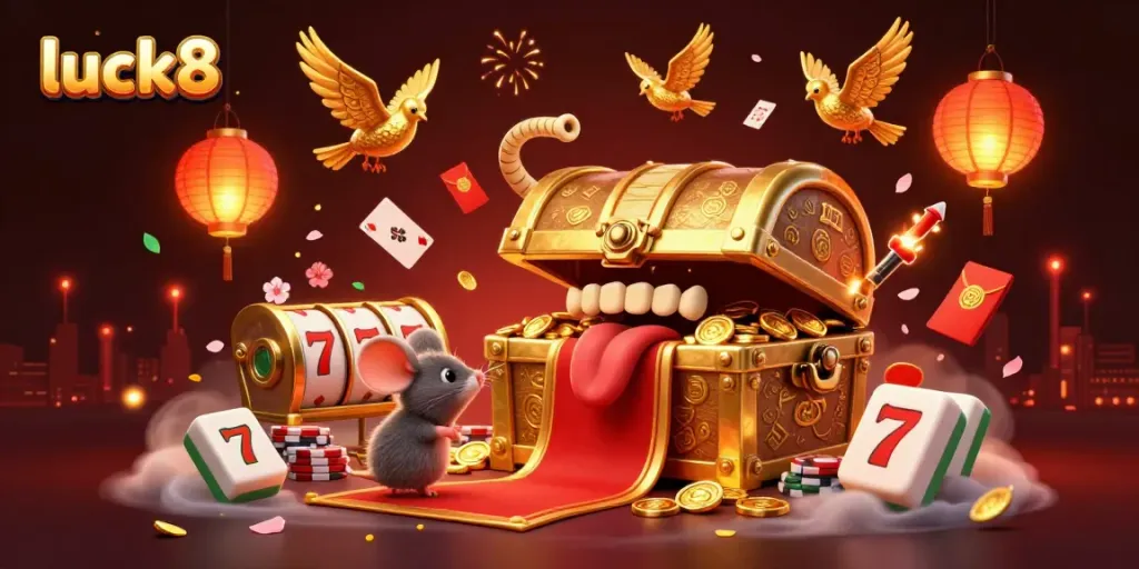 Engaging luck8 casino illustration with treasure chest, playing cards, and vibrant gaming elements