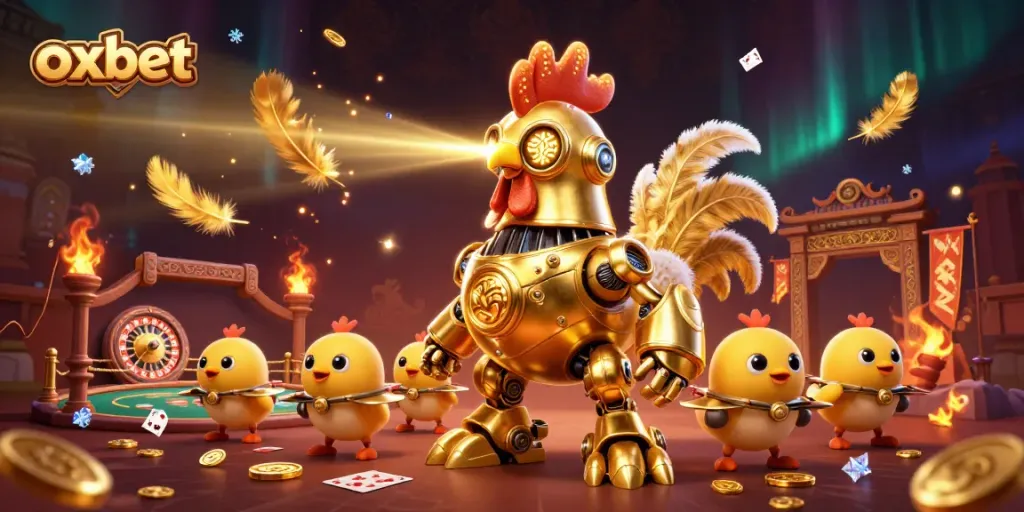 Engage in thrilling gameplay with Oxbet as the golden rooster robot leads a dynamic casino scene.