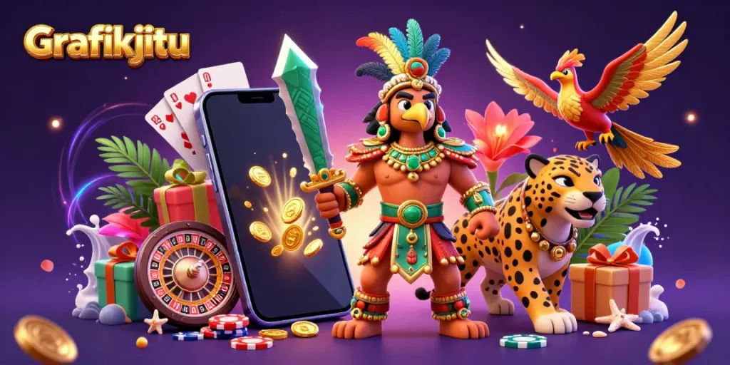 Engage with Grafikjitu, a dynamic 3D illustration of Aztec warriors surrounded by vibrant casino elements.
