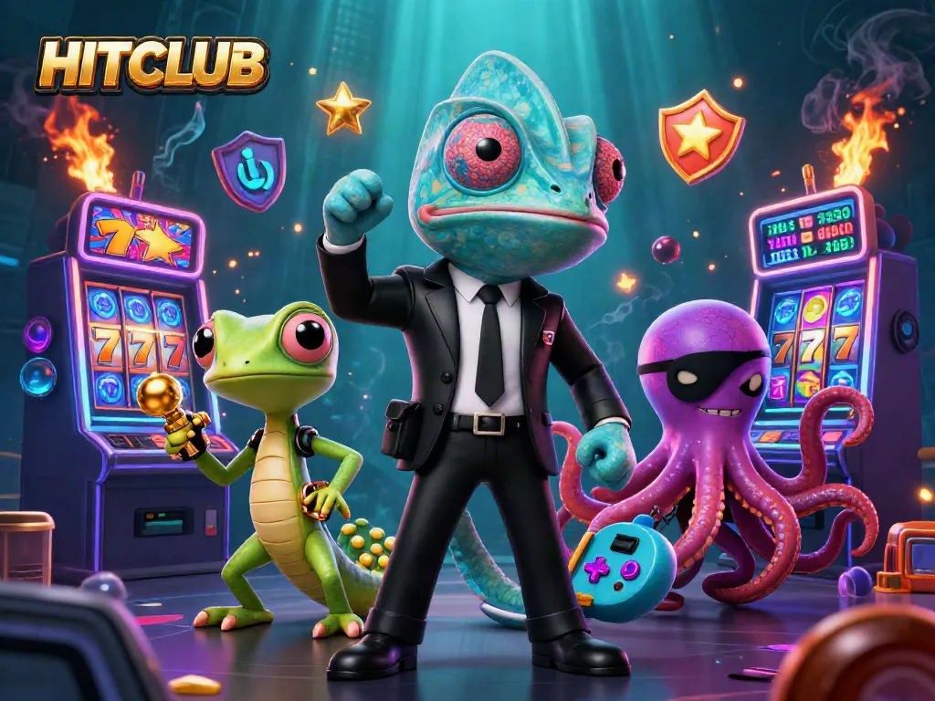 Experience thrills at HITCLUB with vibrant slot machines, chameleons, and high scores.