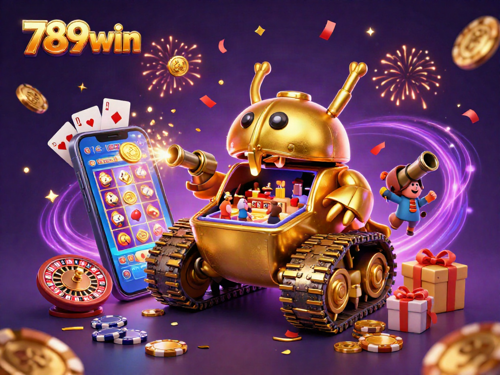 Experience the excitement of 789win with a vibrant 3D casino scene featuring a golden beetle tank and spinning slot games.