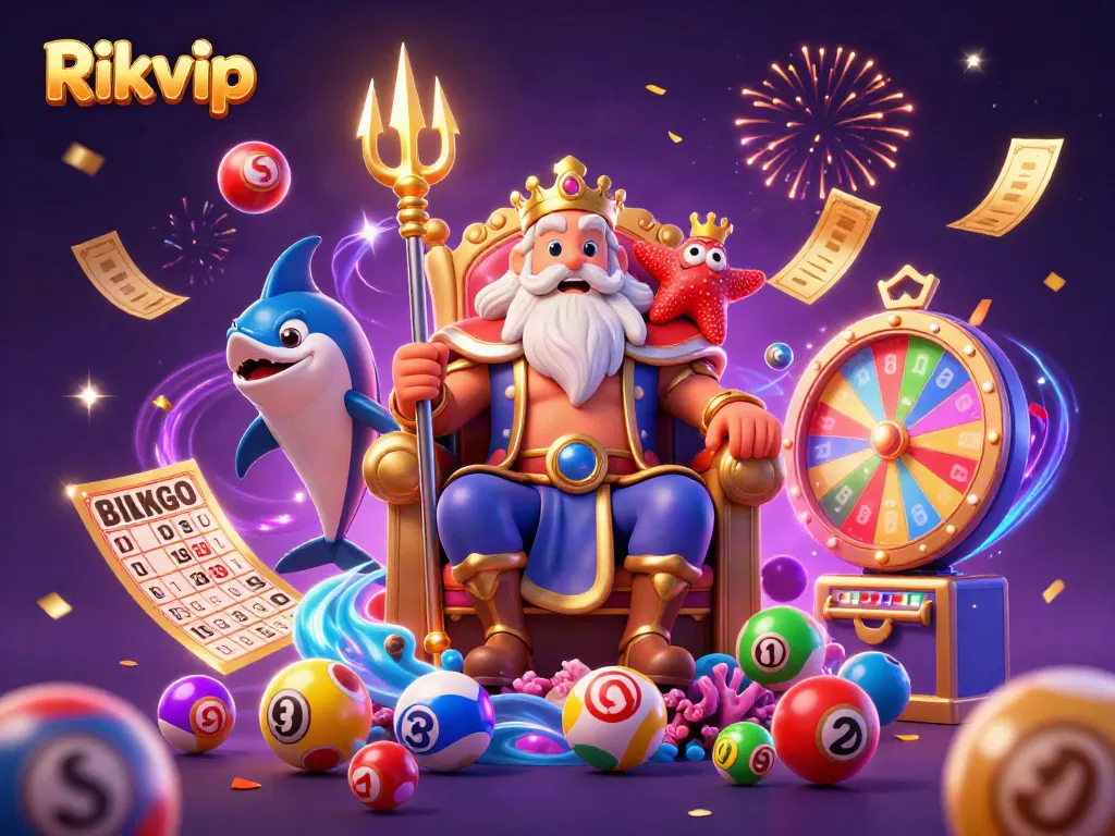 Engage with the exciting world of Rikvip, showcasing vibrant lottery elements and a captivating sea king.