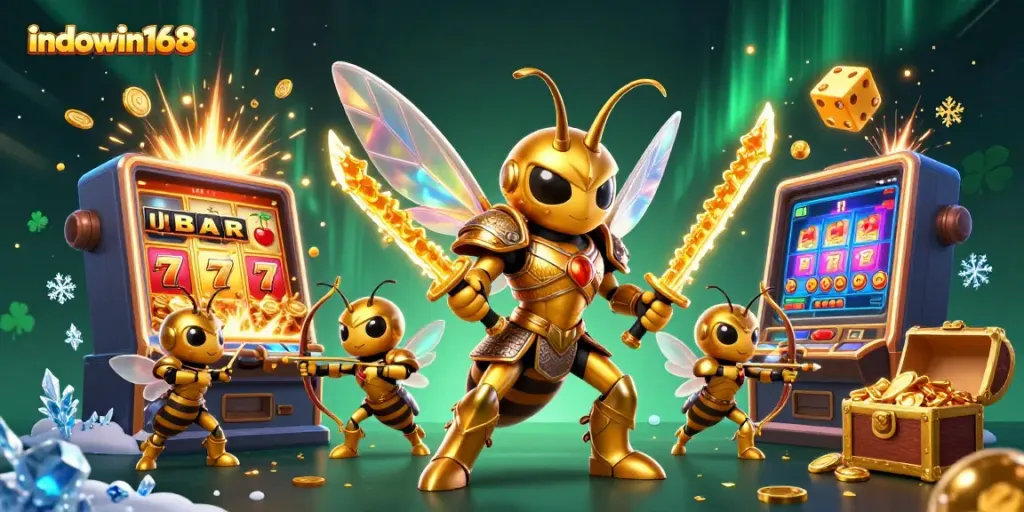 Permainan slot menarik di indowin168 dengan hornet emas dan peti harta karun penuh emas.
