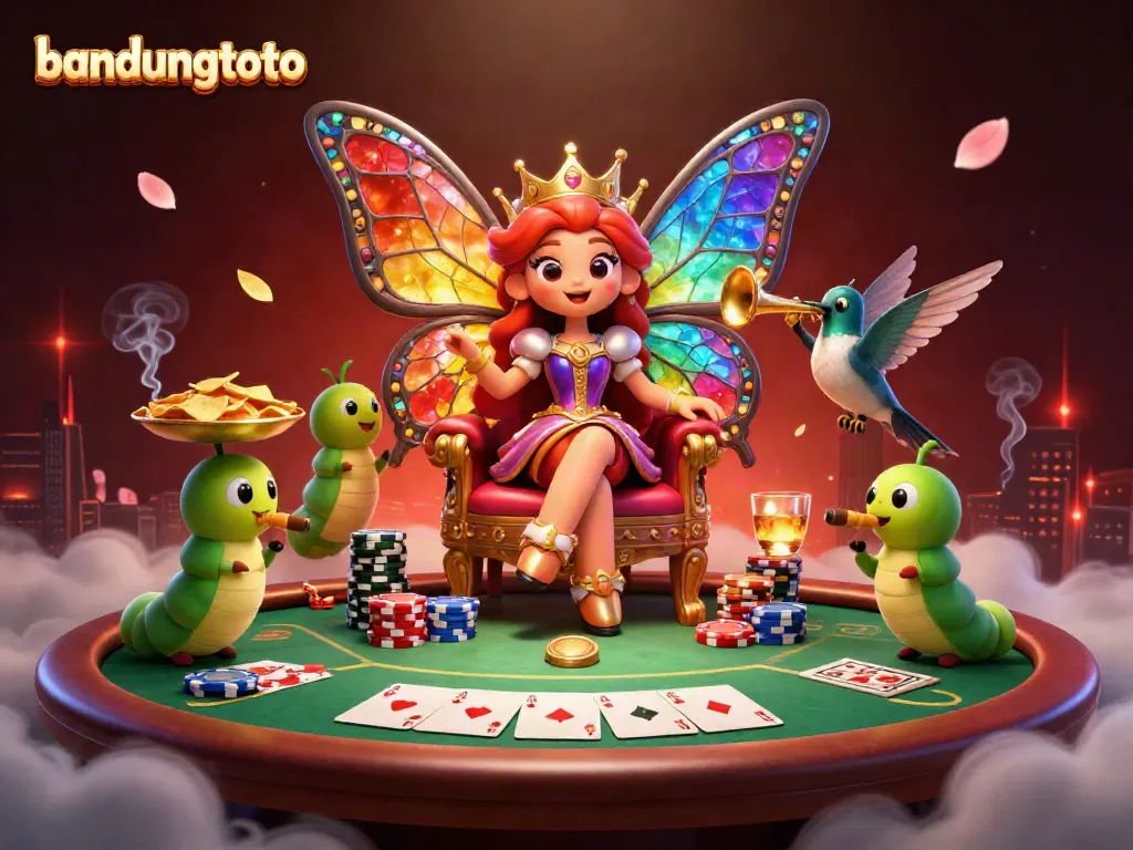 Engage with the vibrant world of bandungtoto as you enjoy a lively poker scene featuring a butterfly queen and her gold-charged entourage.