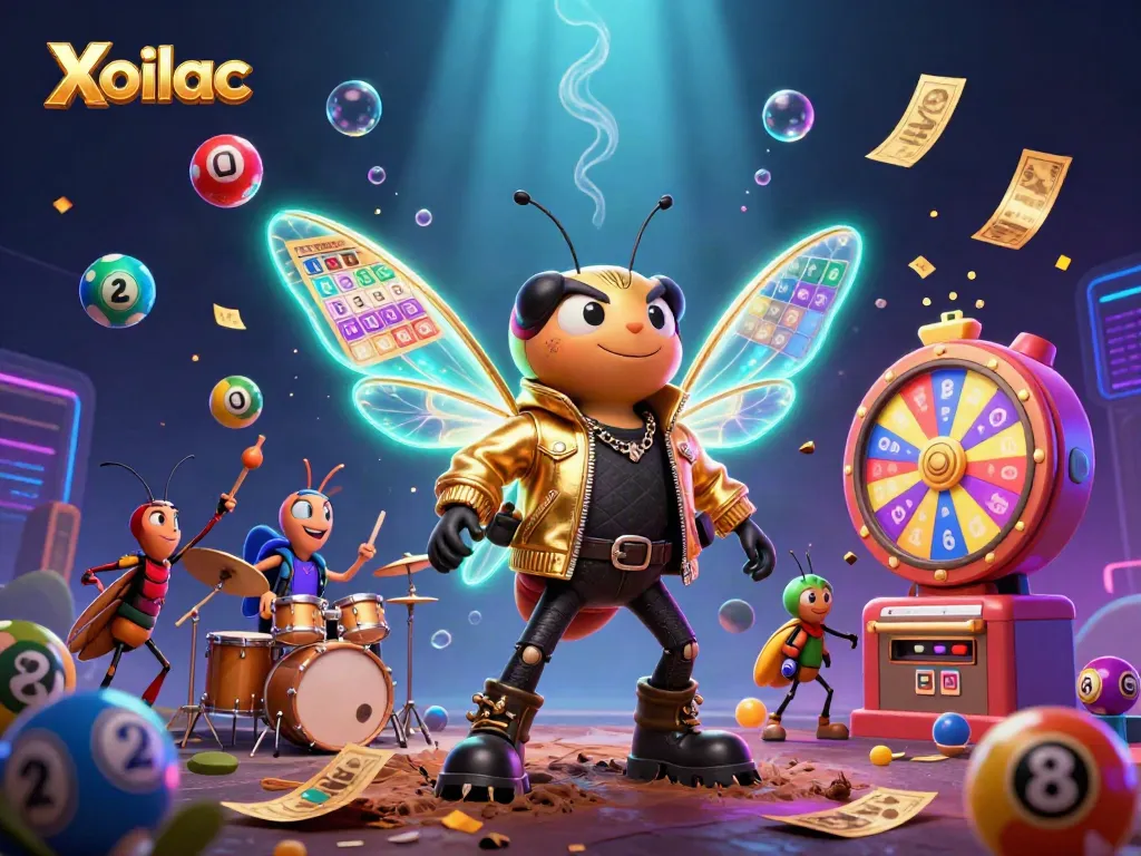Experience dynamic excitement with Xoilac's animated casino-themed scene featuring a rocking cicada and vibrant game elements.