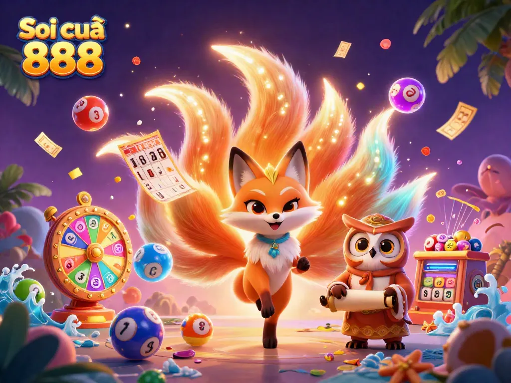 Experience Soi cầu 888 in vibrant 3D illustration with lottery elements and spirit characters.