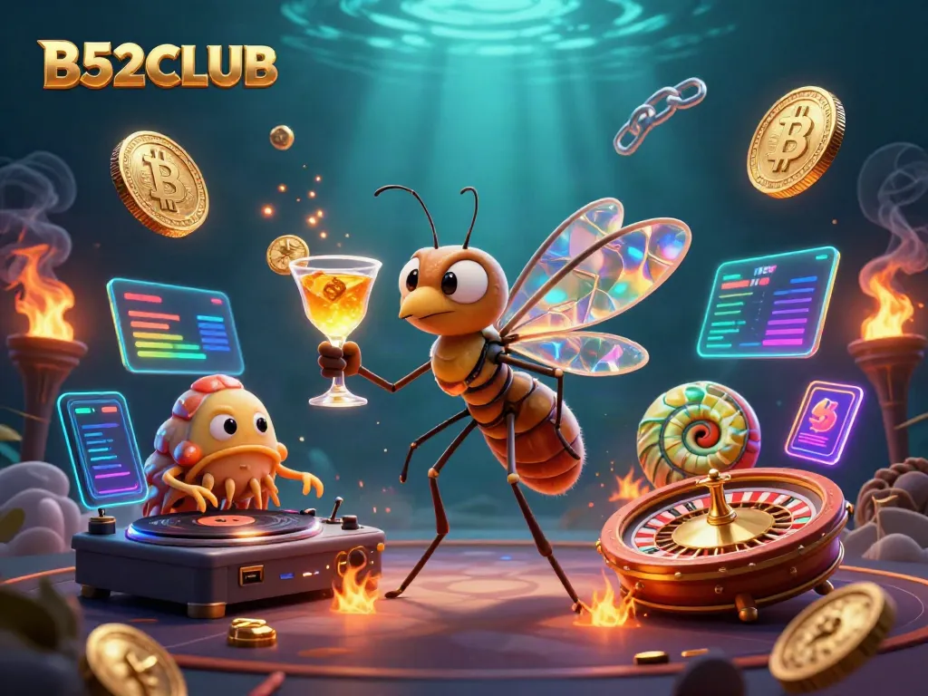 Engage in thrilling gameplay at B52CLUB with animated casino characters and vibrant cryptocurrency elements.