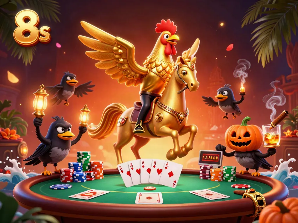 Engage with thrilling 8s poker action featuring golden rooster characters in a vibrant casino scene.