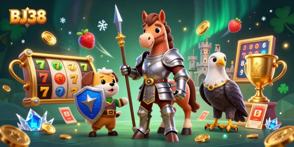 Bettors engage at BJ38 with vivid casino action, featuring knights, slots, and gold coins.