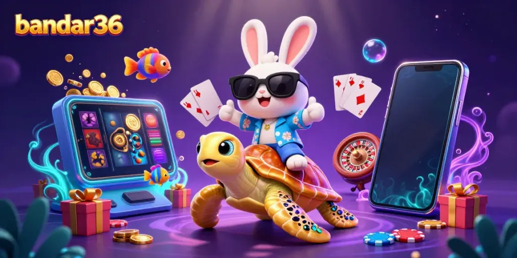 Slot gacor dan jackpot terbesar dengan bandar36, rabbit lucu dan kura-kura emas.