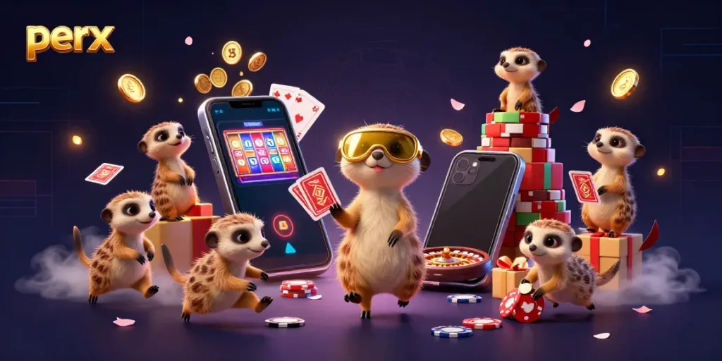 Experience the excitement at perx casino with lively meerkats enjoying games and golden coins.