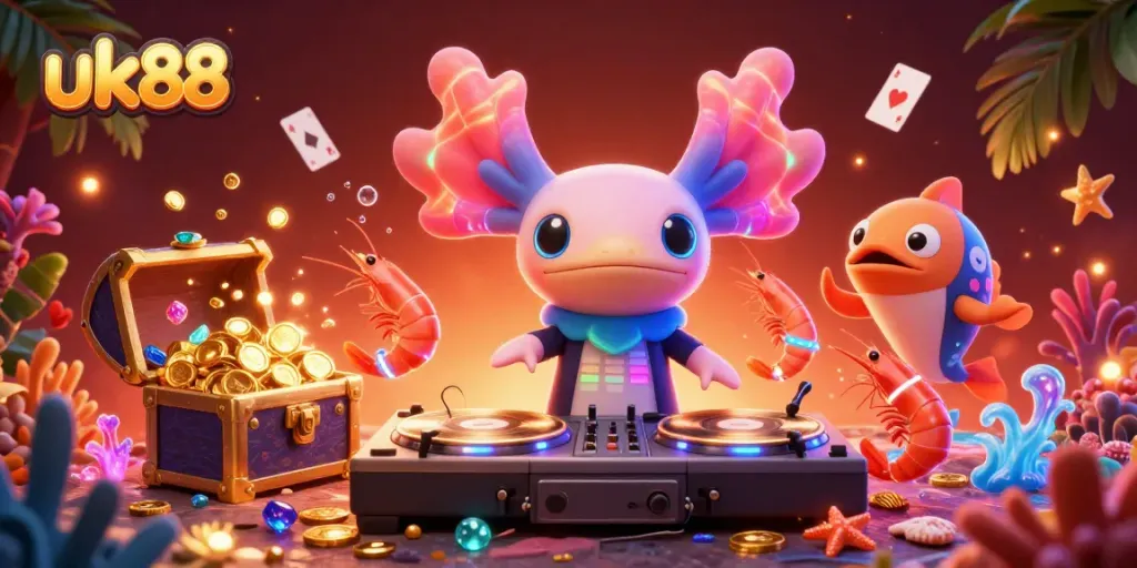 Experience thrilling uk88 slots action with a vibrant underwater DJ scene featuring axolotl and glow- shrimp.